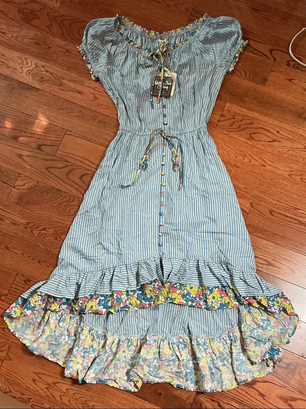 Matilda Jane “Come away with me” Light Blue Stripe Dress with Floral Trim